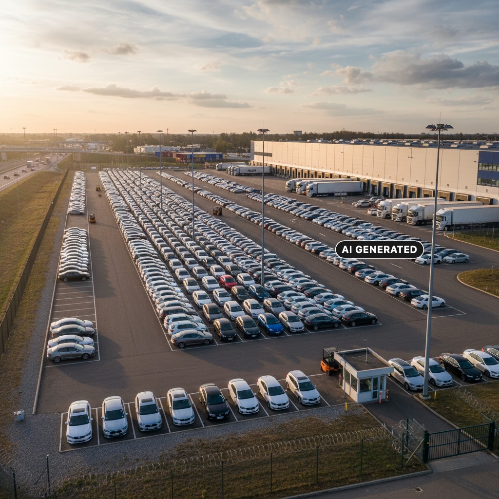 AI Generated: An aerial view shows hundreds of new cars parked in neat rows next to a large warehouse and distribution center at sunset.