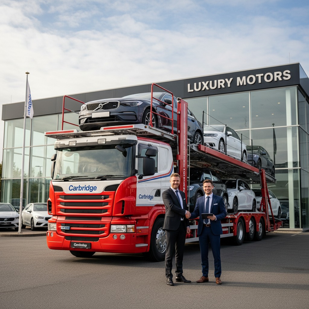 Two businessmen shake hands in front of a Carbridge car transporter loaded with cars outside a Luxury Motors dealership.